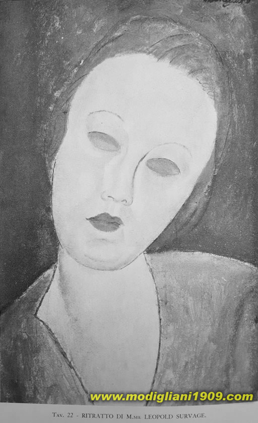 RITRATTO DI M.ME LÉOPOLD SURVAGE Tav. 22)
Olio su tela (0,45x0,29). Firmato in alto a destra. Dipinto a Nizza nel 1918.
Parigi, propr. M.me Germaine L. Survage.
Riprod. in Jean Cocteau, A. M. Paris, 1950, tav. 8 (a colori)