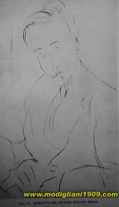 RITRATTO DEL PITTORE DONATO FRISIA (Tav. 45)
Disegno, matita nera su carta (0,43×0.25), 1919
Milano, Prop. Donato Frisia.
Esp. alla Biennale di Venezia del 1930.
