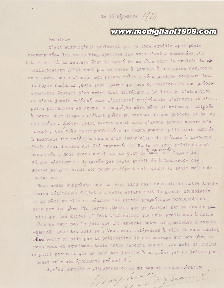 Lettera di Margerita Modigliani a Paul Alexandre - 13 dicembre 1924
