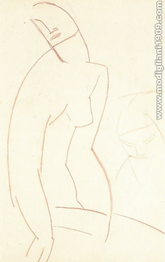 Schizzo di nudo femminile seduto di tre quarti, braccia lungo il corpo, viso abbozzato sulla destra