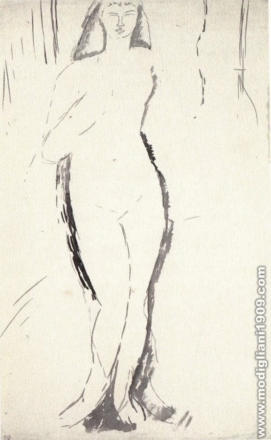 Nudo femminile in piedi, su un fondo, braccio sinistro ripiegato 