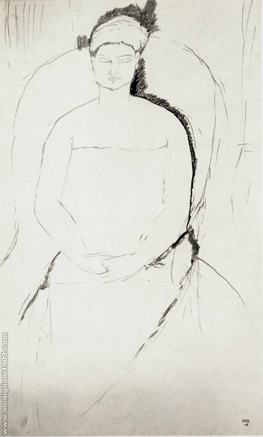 Ritratto di donna di fronte, seduta in una poltrona, con le mani unite sulle cosce