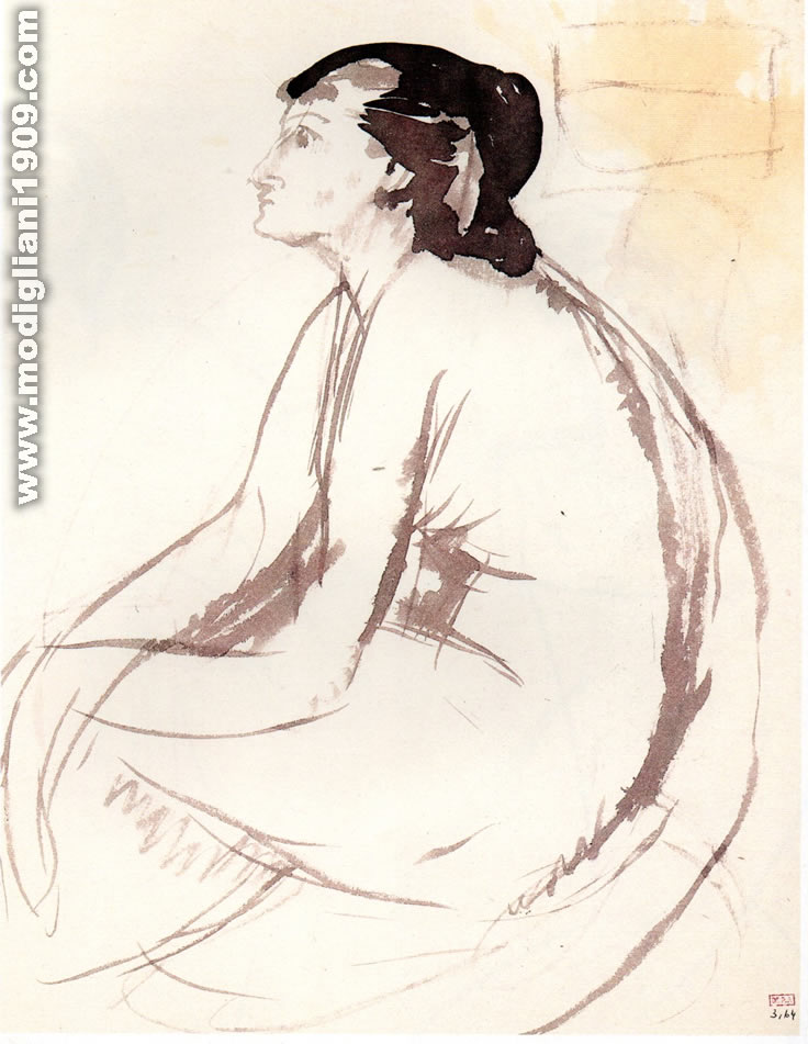 Amedeo Modigliani: donna seduta su un letto di tre quarti a destra, appoggiata sul gomito destro