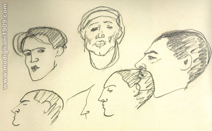 Cinque teste maschili tra cui un autoritratto di Amedeo Modigliani