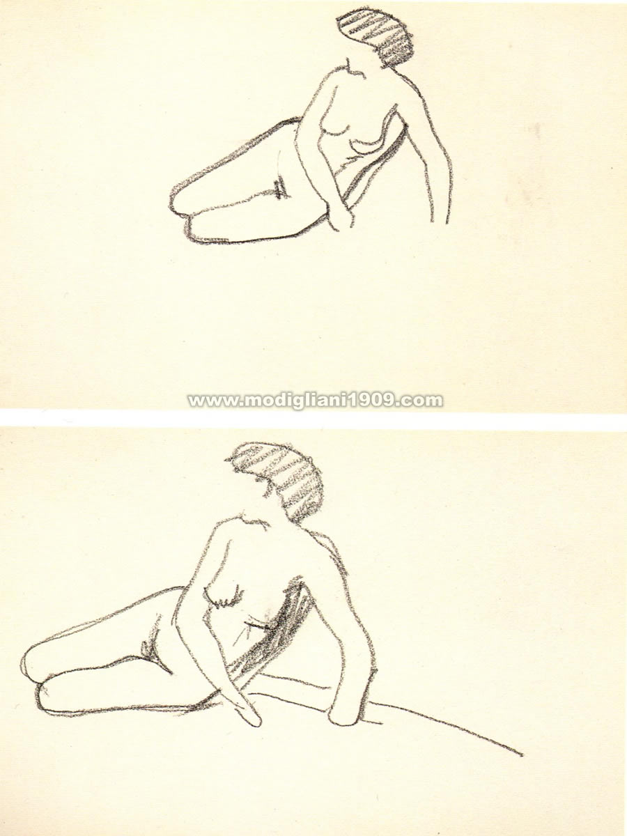 Nudi femminili seduti a terra, corpo appoggiato sulle braccia