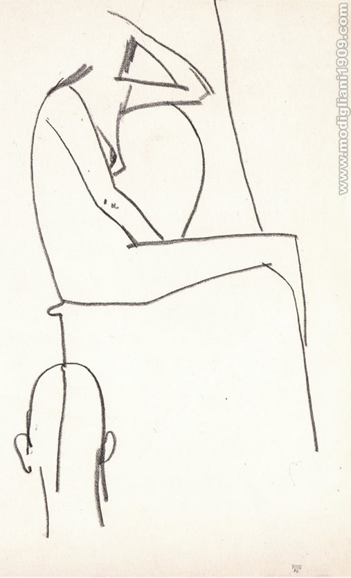 Schizzo di nudo femminile seduto di profilo, su una sedia, mano sinistra sul capo. Schizzo di una testa all'altezza del piede sinistro della sedia