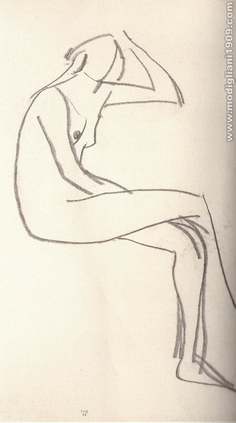 Schizzo di nudo femminile seduto di profilo, mano sinistra sul capo