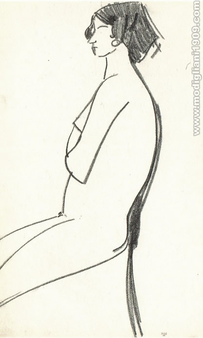 Nudo femminile di profilo, seduto su una sedia, con il gomito appoggiato allo schienale