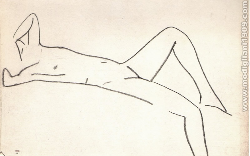 Schizzo di nudo femminile disteso sul un dorso, con le braccia dietro al capo
