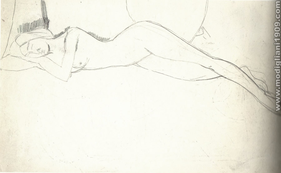 Nudo femminile sdraiato sul fianco destro, con la testa appoggiata sulle braccia incrociate