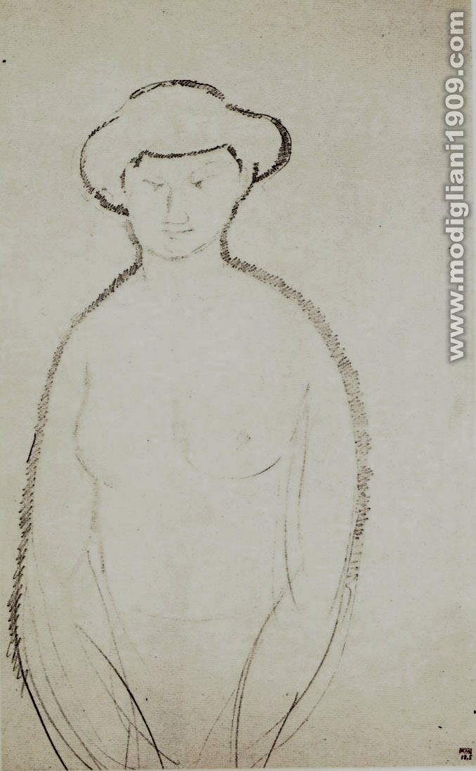 Ritratto di nudo femminile di fronte, con le braccia lungo il corpo