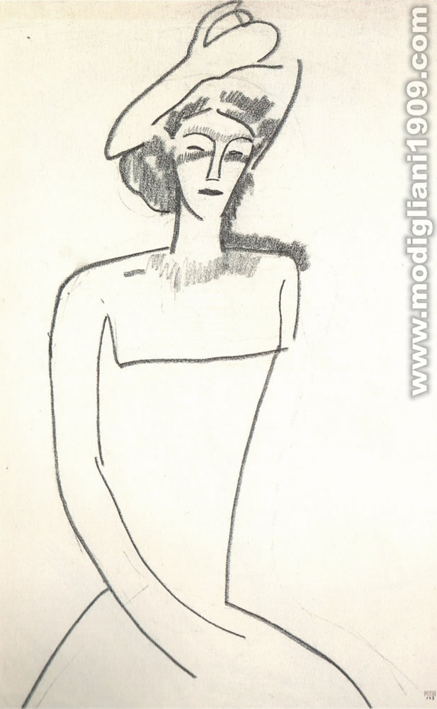 Ritratto di donna di tre quarti, con cappello e abito scollato