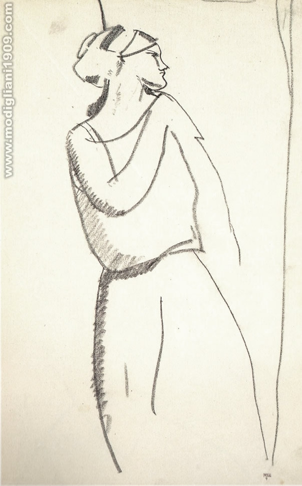 Ritratto di donna in piedi, vista di tre quarti, viso di profilo, mano destra sulla spalla