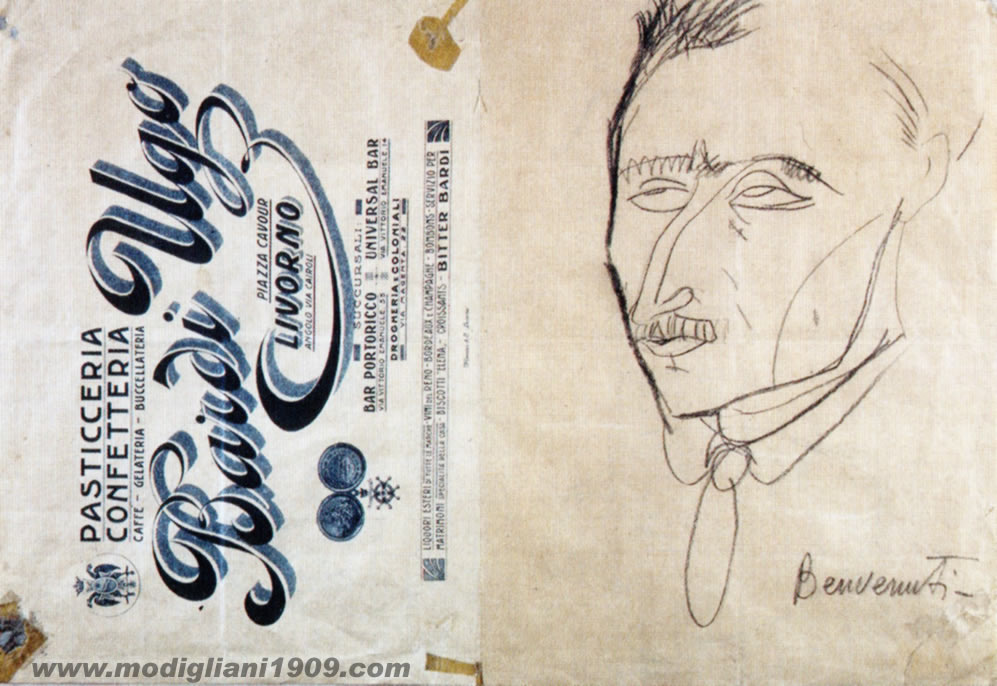  Amedeo Modigliani, ritratto di Aristide Sommati, carboncino su carta. Il ritratto fu tracciato rapidamente da Modigliani (che si firma scherzosamente Benvenuti) su un foglio del Caffè Bardi 