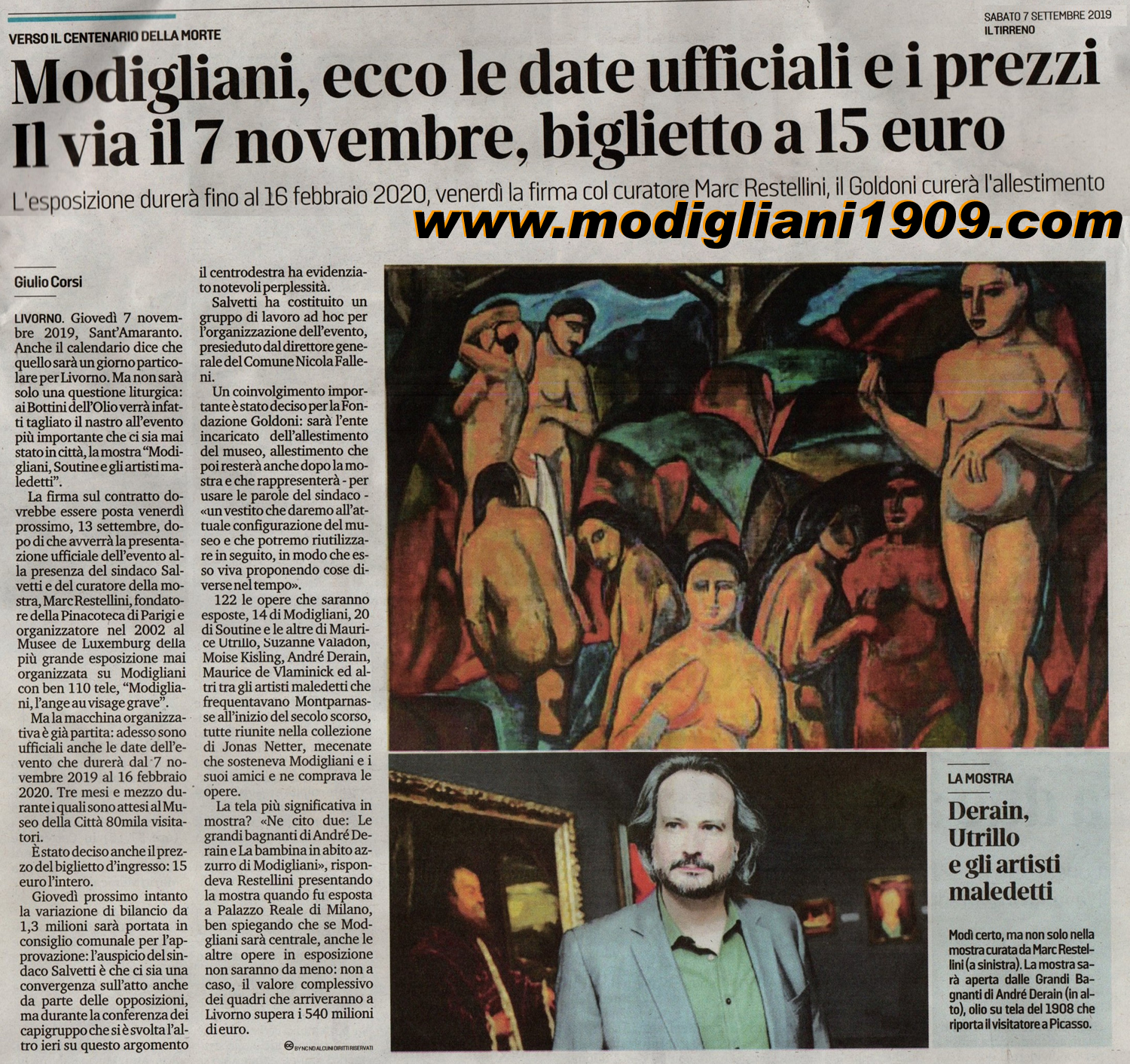 La mostra di Modigliani durerà fino a febbraio 2020 - a breve la firma col curatore Marc Restellini - il Goldoni curerà l'allestimento