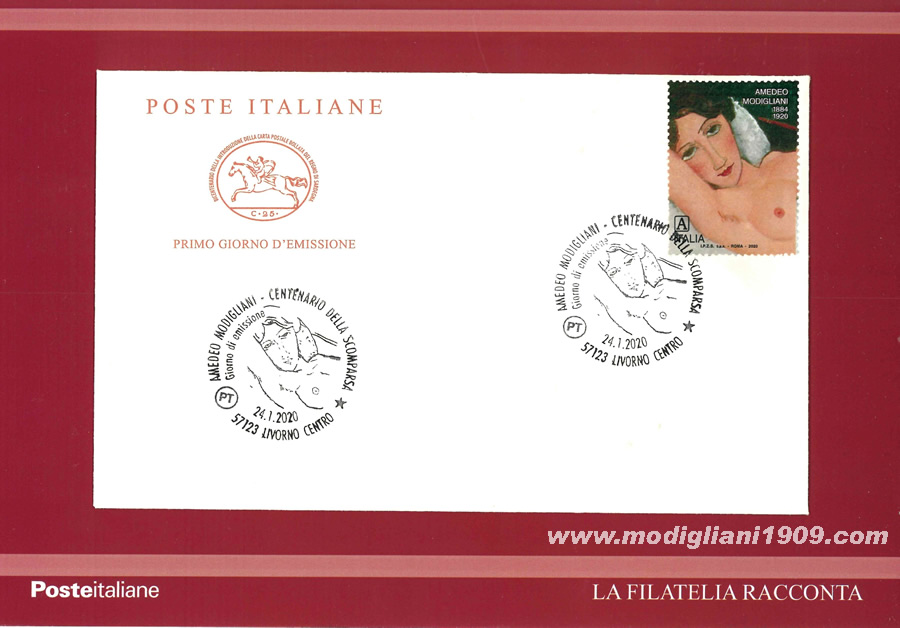 Presentato a Livorno il francobollo che lo Stato italiano ha dedicato a Modigliani nel centenario della morte. Riproduce un particolare del “Nudo femminile disteso su cuscino bianco”, del 1917
