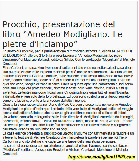 Amedeo Modigliani le pietre d'inciampo - La storia delle vere teste di Modigliani di Maurizio Bellandi - Isola D'Elba (Procchio)