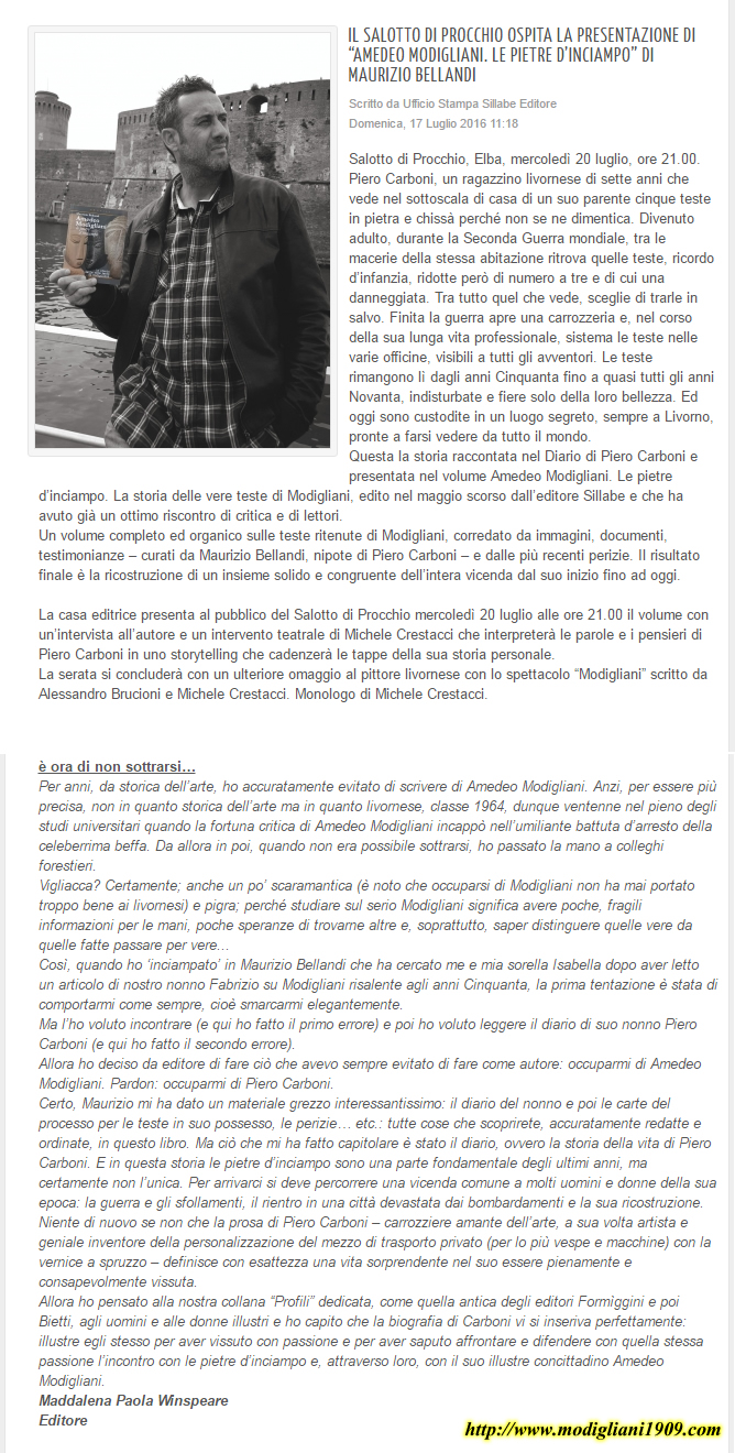Amedeo Modigliani le pietre d'inciampo - La storia delle vere teste di Modigliani di Maurizio Bellandi - Procchio (Isola d'Elba)