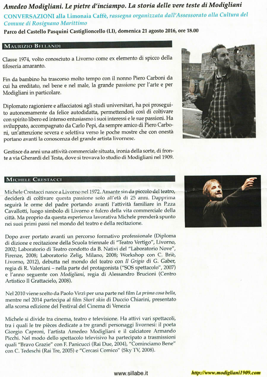 Presentazione del volume 'Amedeo Modigliani le pietre d'inciampo - La storia delle vere teste di Modigliani' di Maurizio Bellandi alla Limonaia di Castiglioncello 