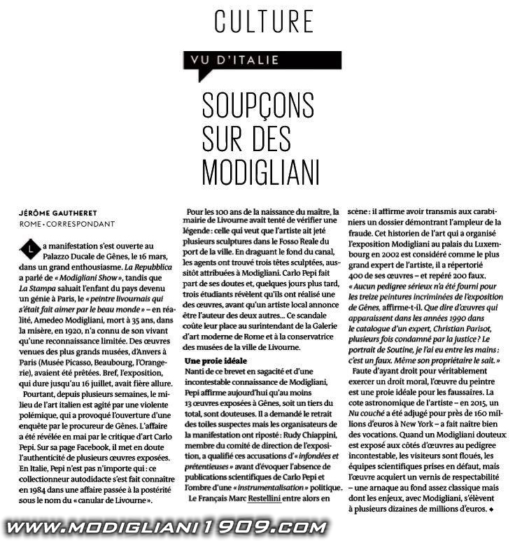 
A Gênes, soupçons de faux sur l’exposition Modigliani. Deux critiques d’art, l’un italien, l’autre français, mettent en doute l’authenticité d’un tiers des toiles du maître exposées au Palazzo Ducale.