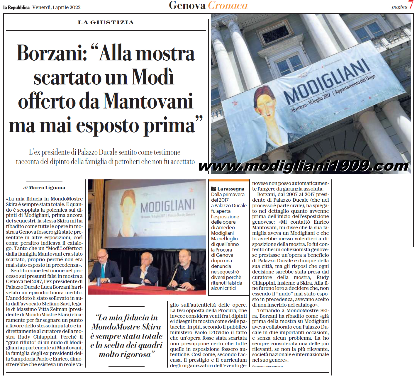 Borzani: alla mostra di Genova scartato un Modigliani offerto da Mantovani
