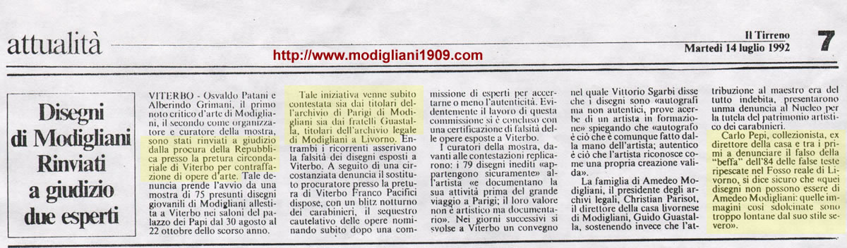 Osvaldo Patani e Alberindo Grimani rinviati a giudizio per i disegni giovanili attribuiti a Modigliani